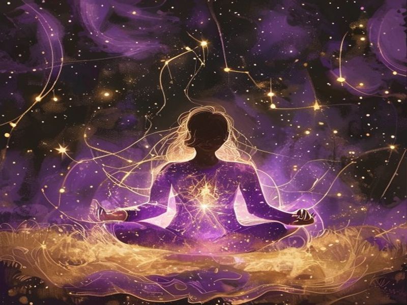 Pessoa meditando sob céu estrelado com energia curativa dourada e roxa