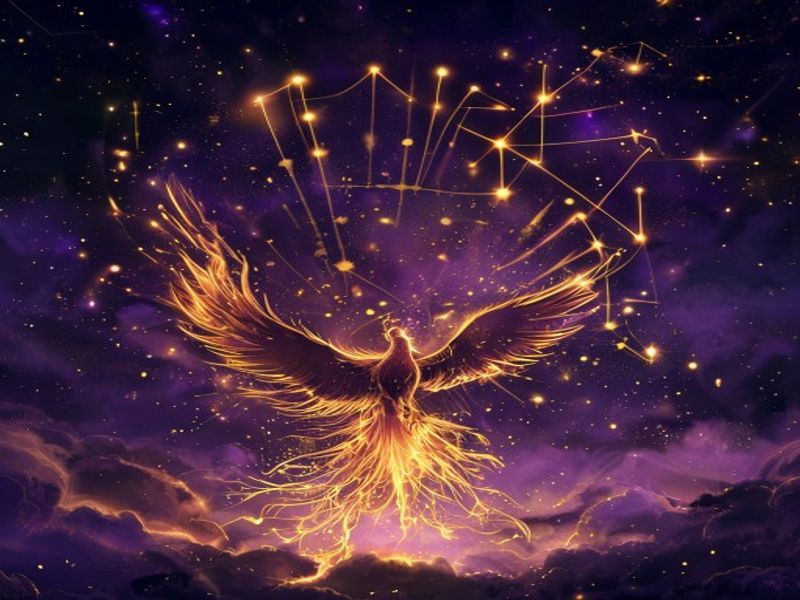 Fênix renascendo das cinzas sob céu estrelado representando A Estrela Tarot