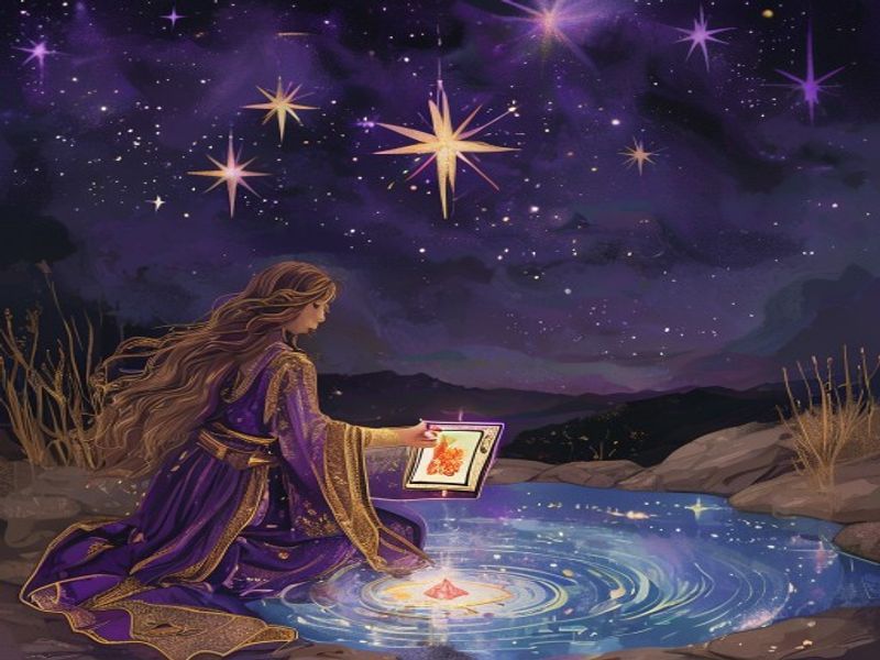 Mulher segurando carta A Estrela Tarot sob céu estrelado dourado