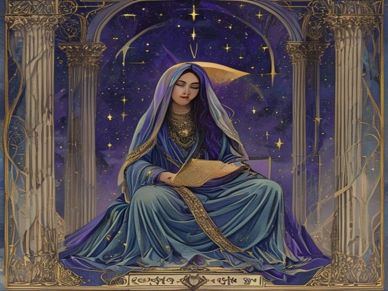 A Sacerdotisa Tarot sentada entre pilares com lua e pergaminho