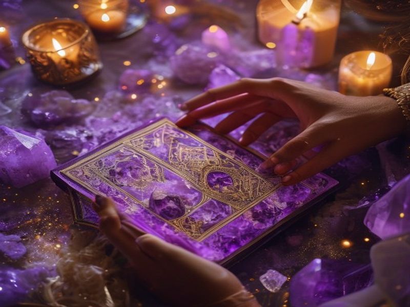 Pessoa energizando baralho de tarot com cristais em ambiente místico dourado