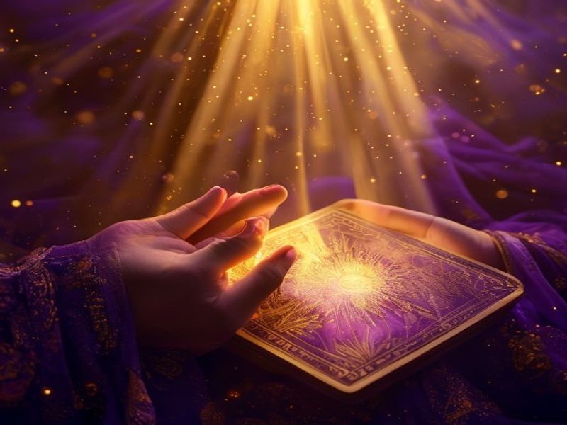 Mãos em oração segurando baralho de tarot com luz dourada