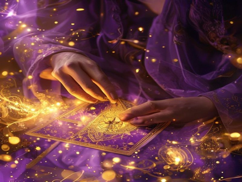Pessoa limpando cartas de tarot com pano roxo, ritual de limpeza energética
