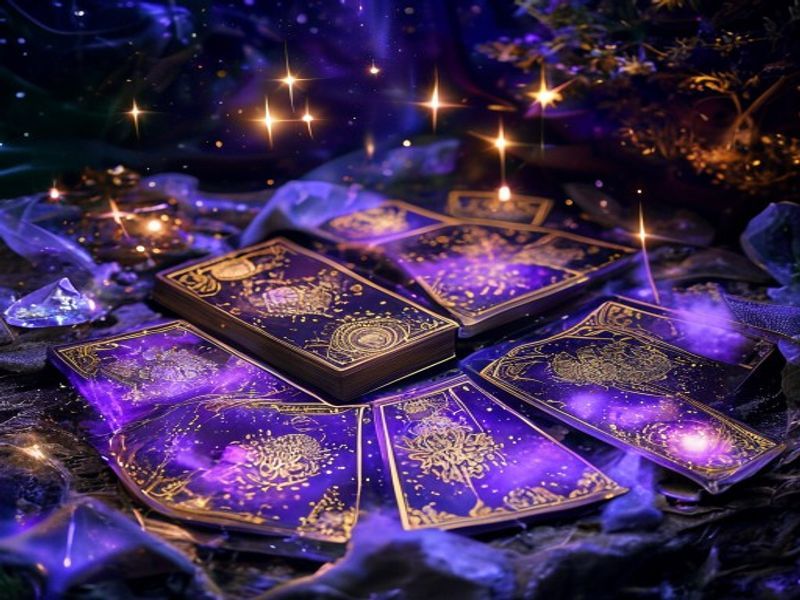 Cartas de tarot sob a luz da lua com energia mística dourada