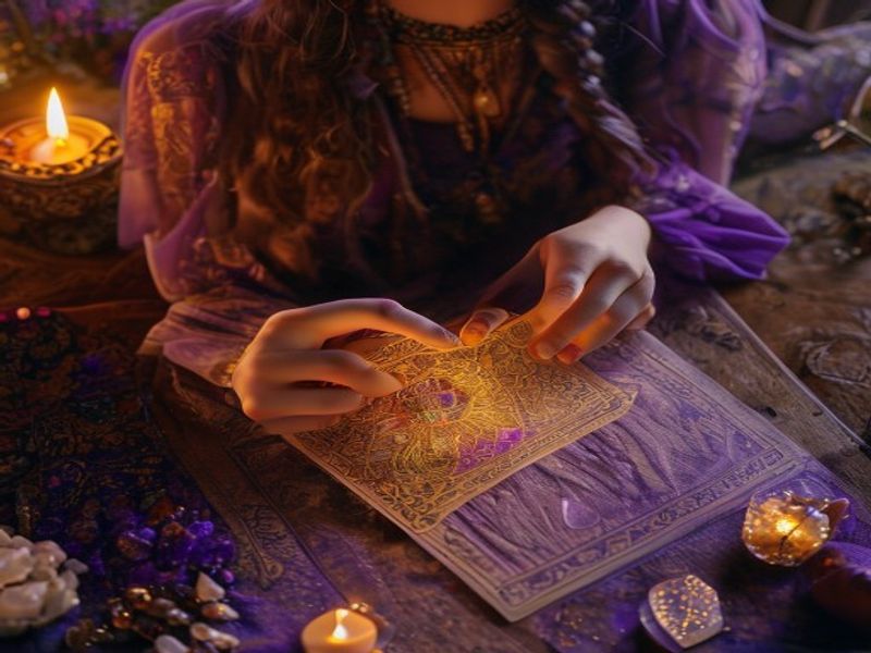 Pessoa interpretando cartas de tarot com intuição e concentração