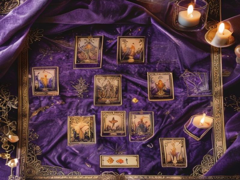 Baralho de tarot para iniciantes com cartas douradas sobre tecido roxo